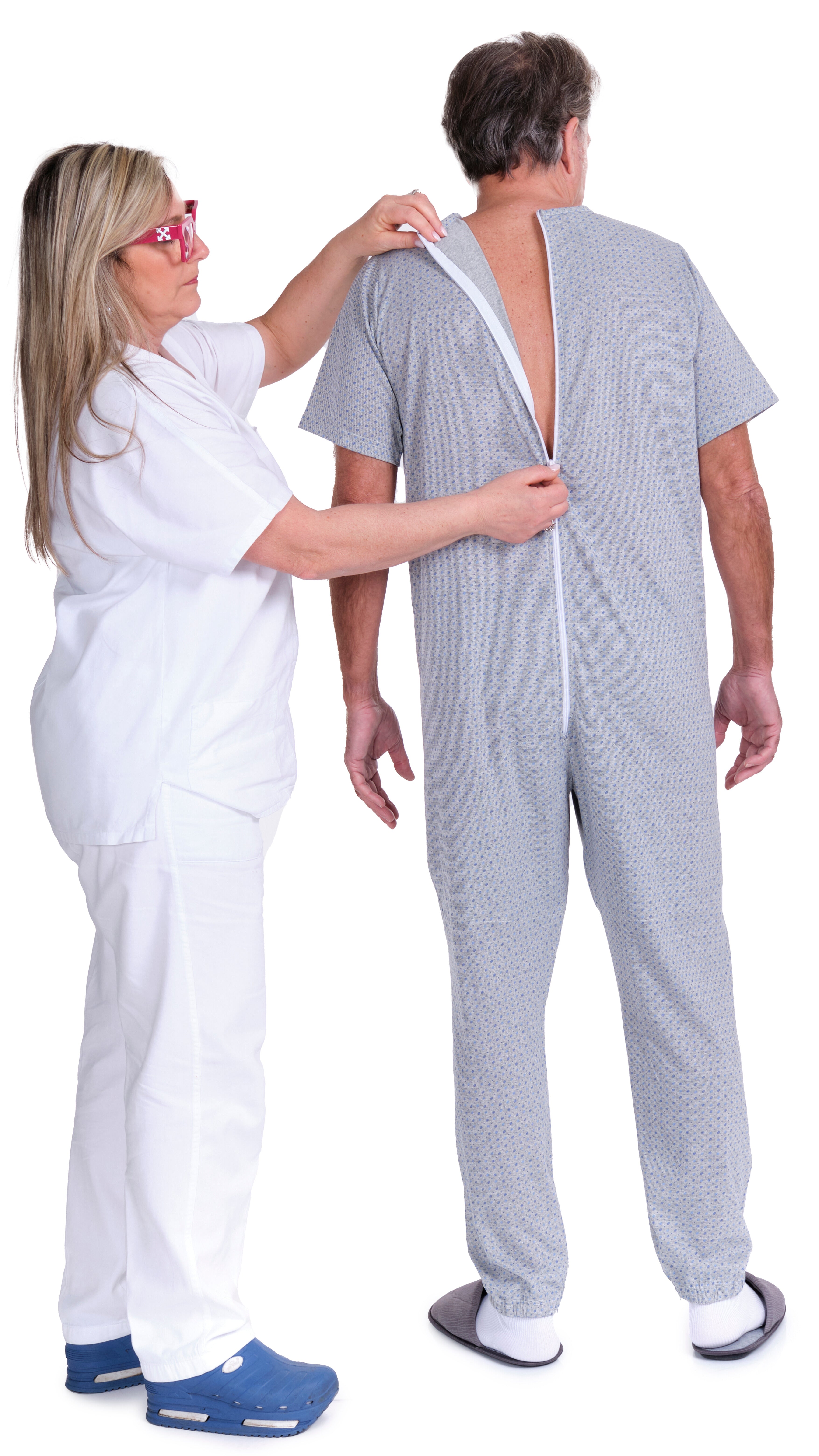 Geriatric Pyjamas Short-sleeved with Zips Inside the Legs, Cotton and Polyester - 9008/4