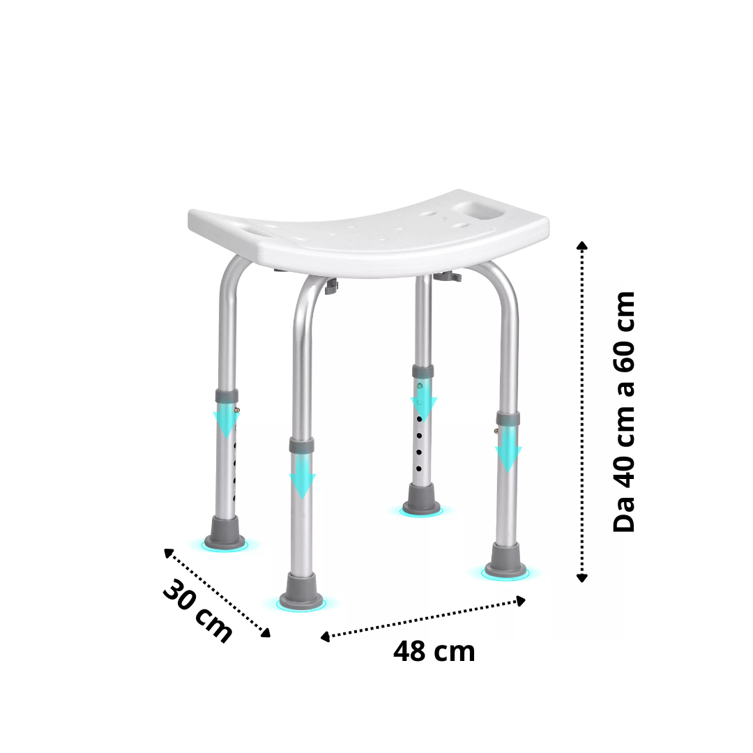 Shower Stool — Adjustable Height (40–60 cm), Anti-Rust Aluminum, Non-Slip Rubber Feet, U-Shaped Ergonomic Seat
