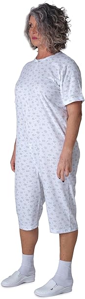 Adaptive Back-Zip Short Sleeve Jumpsuit — 100% Cotton, Elderly Care Pyjama for Incontinence & Dementia - 9017 MC PC