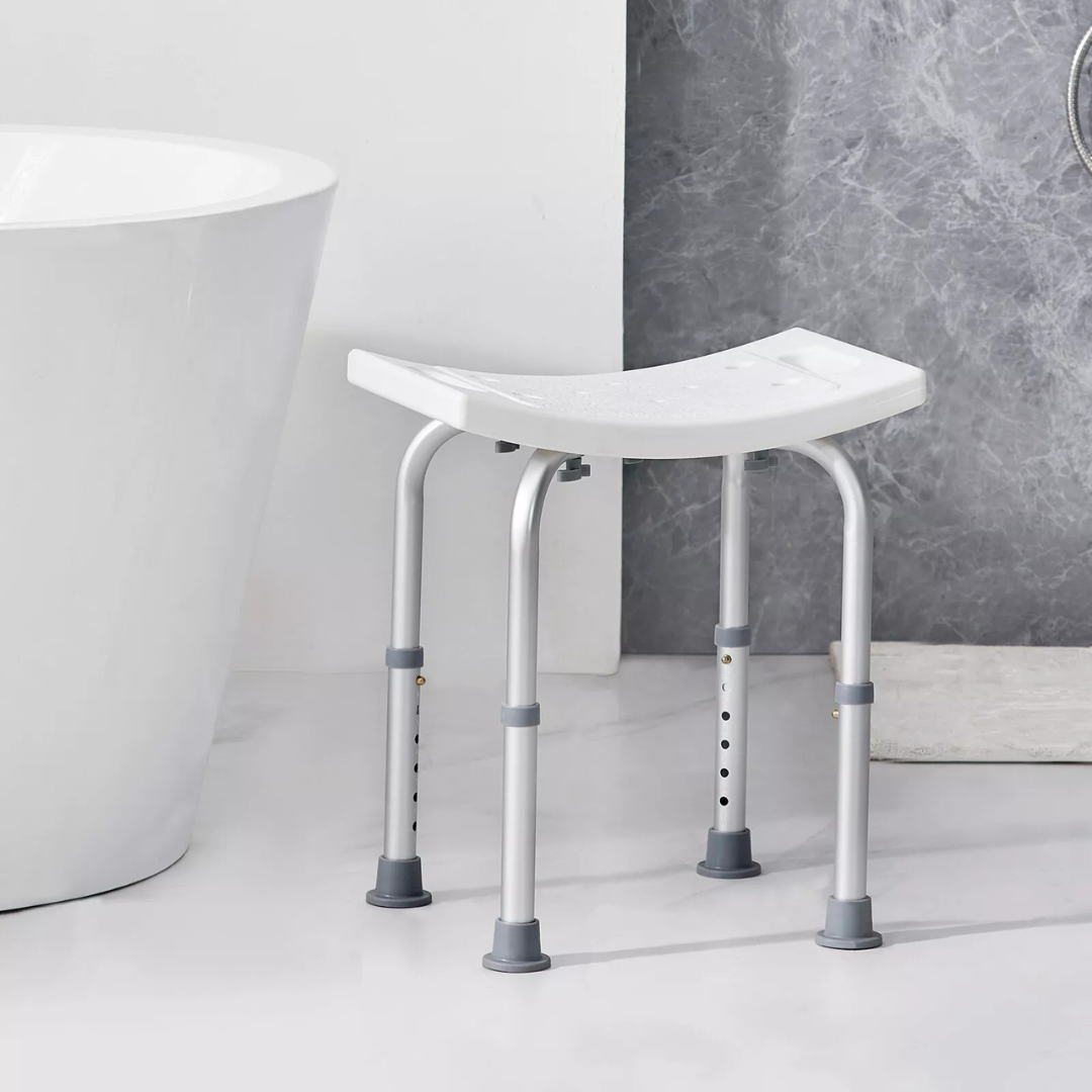 Shower Stool — Adjustable Height (40–60 cm), Anti-Rust Aluminum, Non-Slip Rubber Feet, U-Shaped Ergonomic Seat