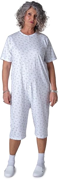 Adaptive Back-Zip Short Sleeve Jumpsuit — 100% Cotton, Elderly Care Pyjama for Incontinence & Dementia - 9017 MC PC