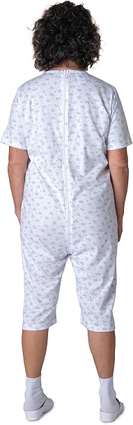 Adaptive Back-Zip Short Sleeve Jumpsuit — 100% Cotton, Elderly Care Pyjama for Incontinence & Dementia - 9017 MC PC