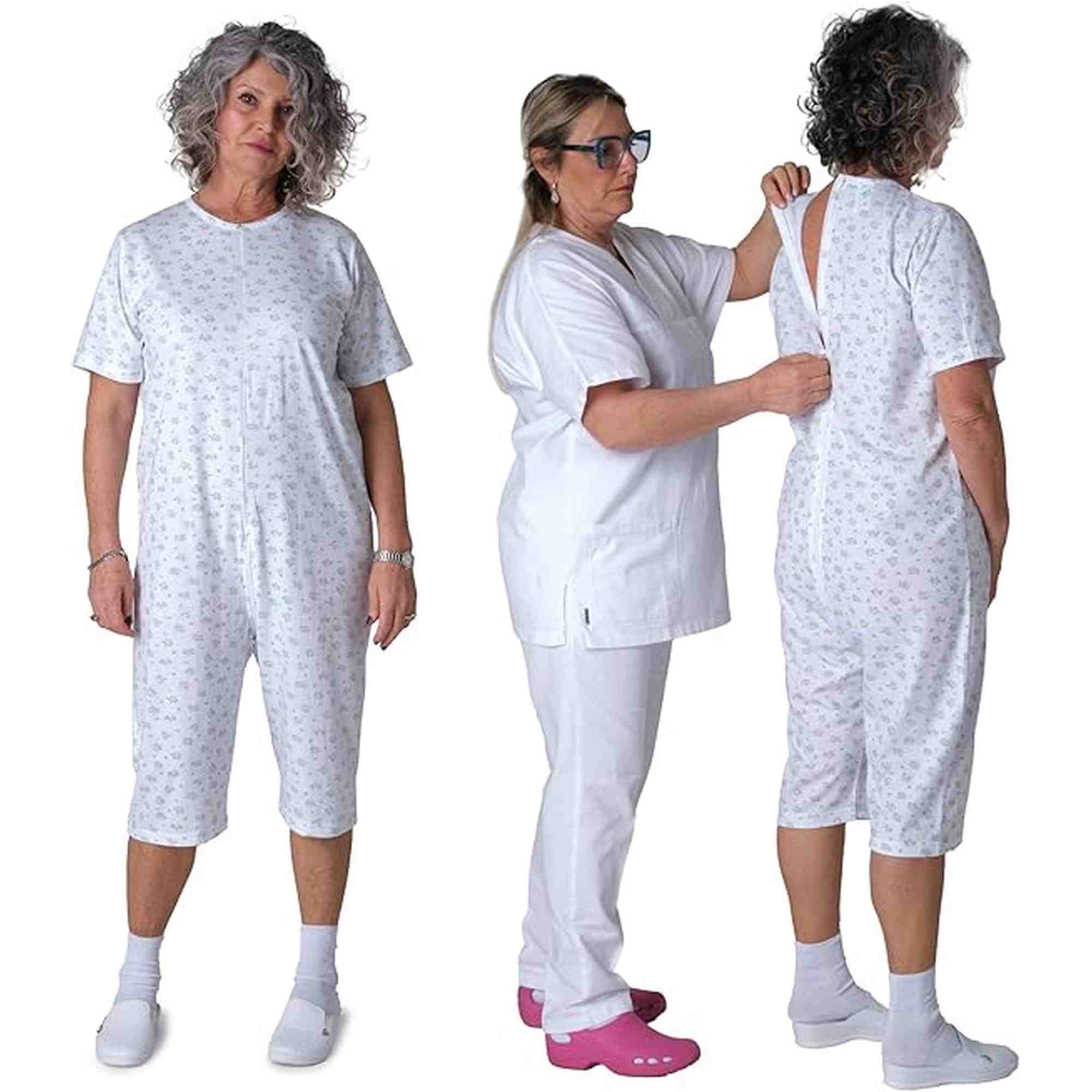 Adaptive Back-Zip Short Sleeve Jumpsuit — 100% Cotton, Elderly Care Pyjama for Incontinence & Dementia - 9017 MC PC