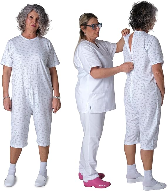 Adaptive Back-Zip Short Sleeve Jumpsuit — 100% Cotton, Elderly Care Pyjama for Incontinence & Dementia - 9017 MC PC