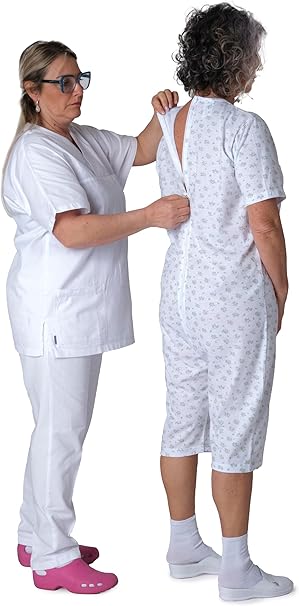 Adaptive Back-Zip Short Sleeve Jumpsuit — 100% Cotton, Elderly Care Pyjama for Incontinence & Dementia - 9017 MC PC