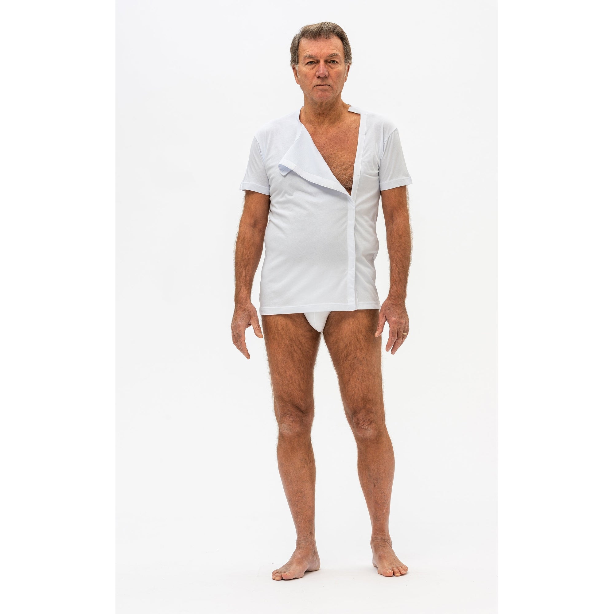 T-shirt with side opening and tear-away fastening