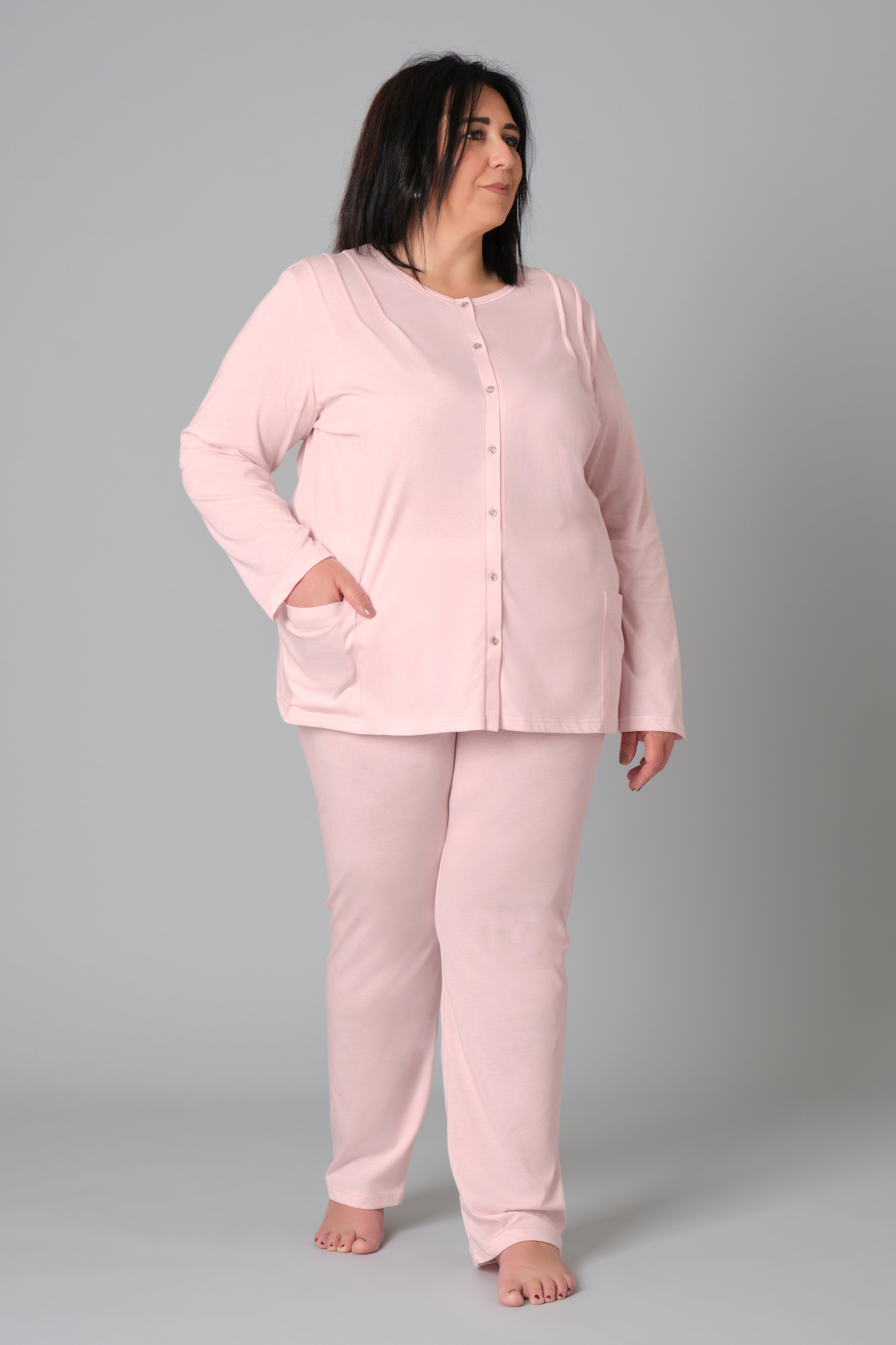 Women’s Plus Size Pyjamas – Model 9081 – Button-Down Cotton Jersey Set with Side Pockets – Various Sizes & Colours