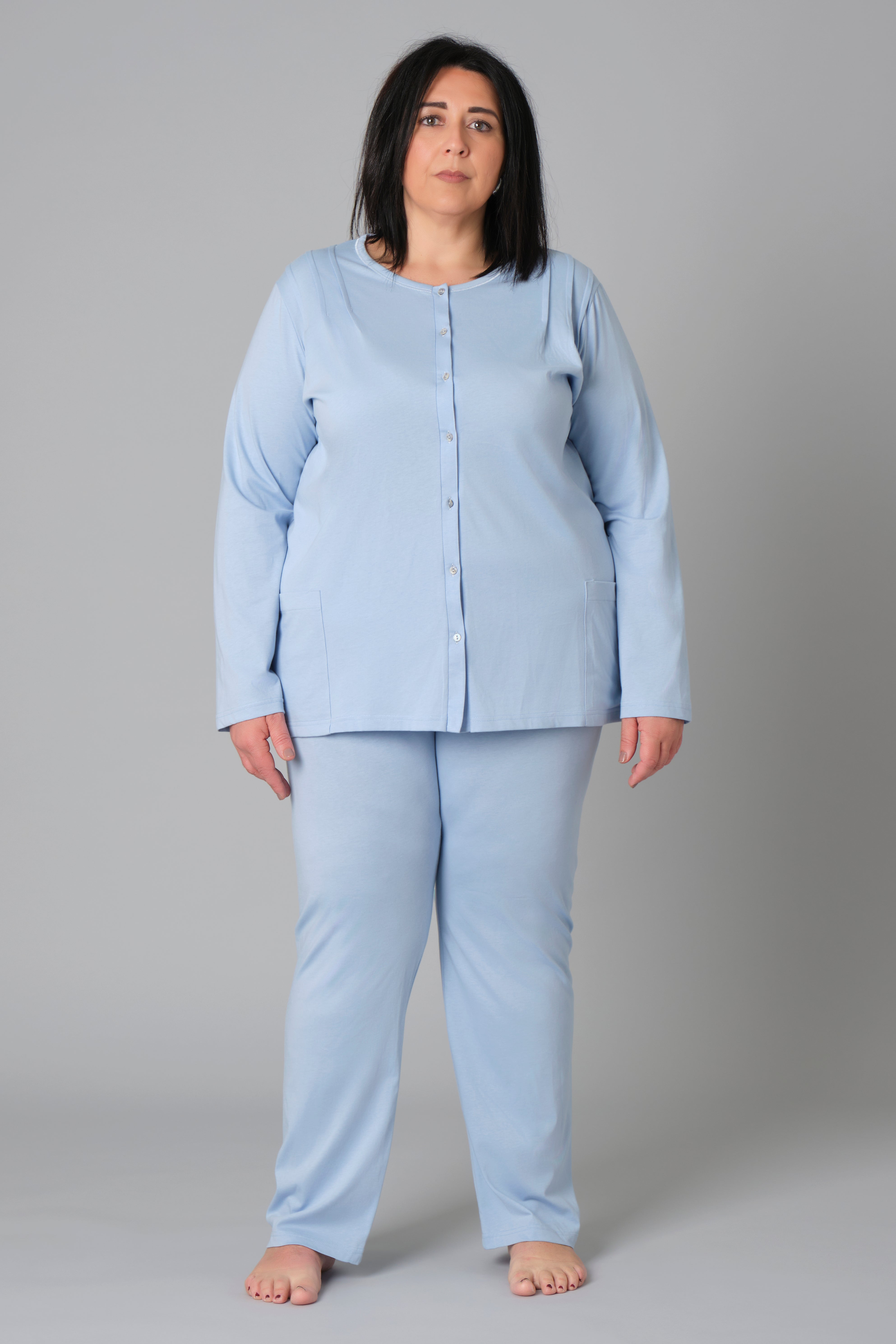 Women’s Plus Size Pyjamas – Model 9081 – Button-Down Cotton Jersey Set with Side Pockets – Various Sizes & Colours