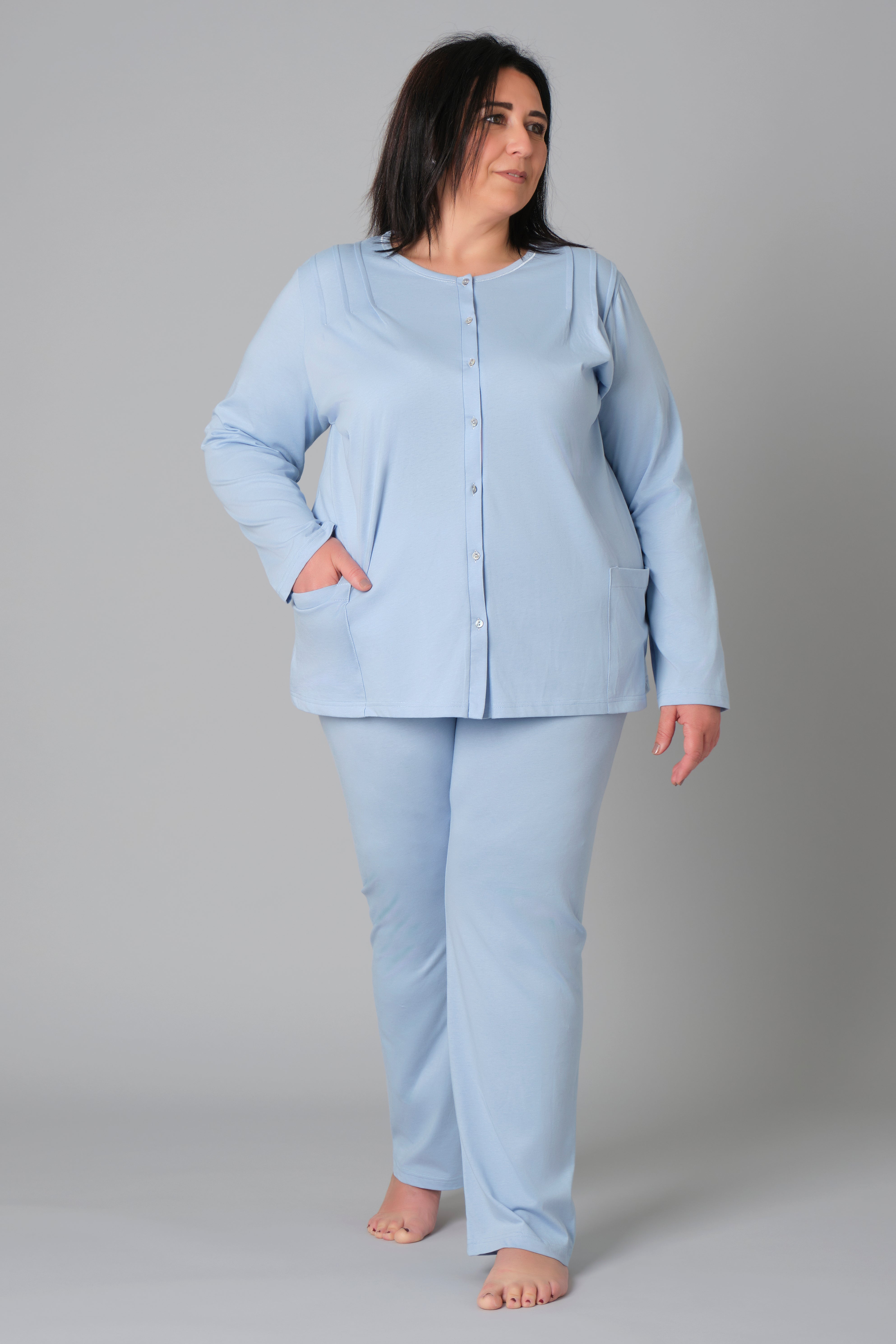 Women’s Plus Size Pyjamas – Model 9081 – Button-Down Cotton Jersey Set with Side Pockets – Various Sizes & Colours