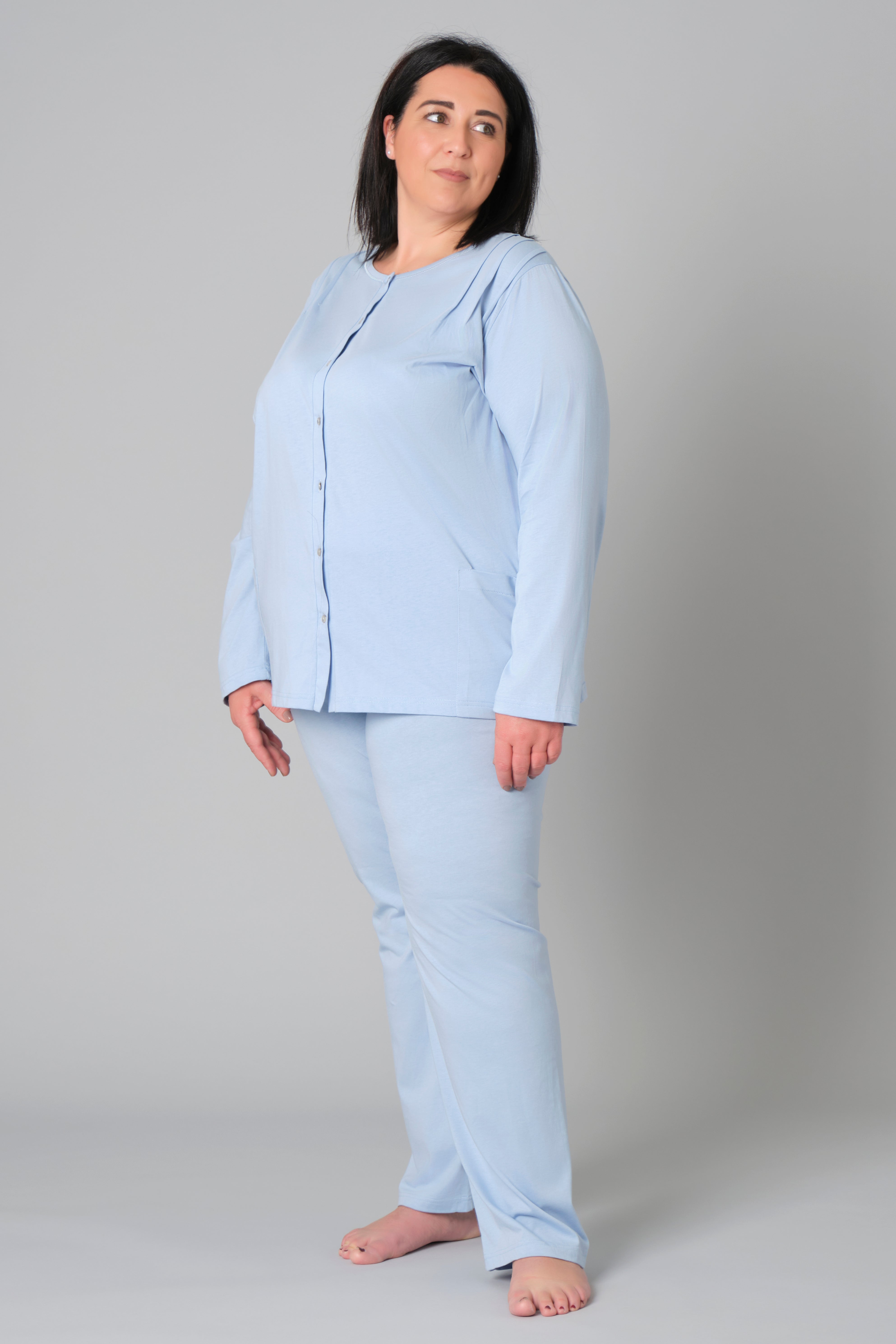 Women’s Plus Size Pyjamas – Model 9081 – Button-Down Cotton Jersey Set with Side Pockets – Various Sizes & Colours