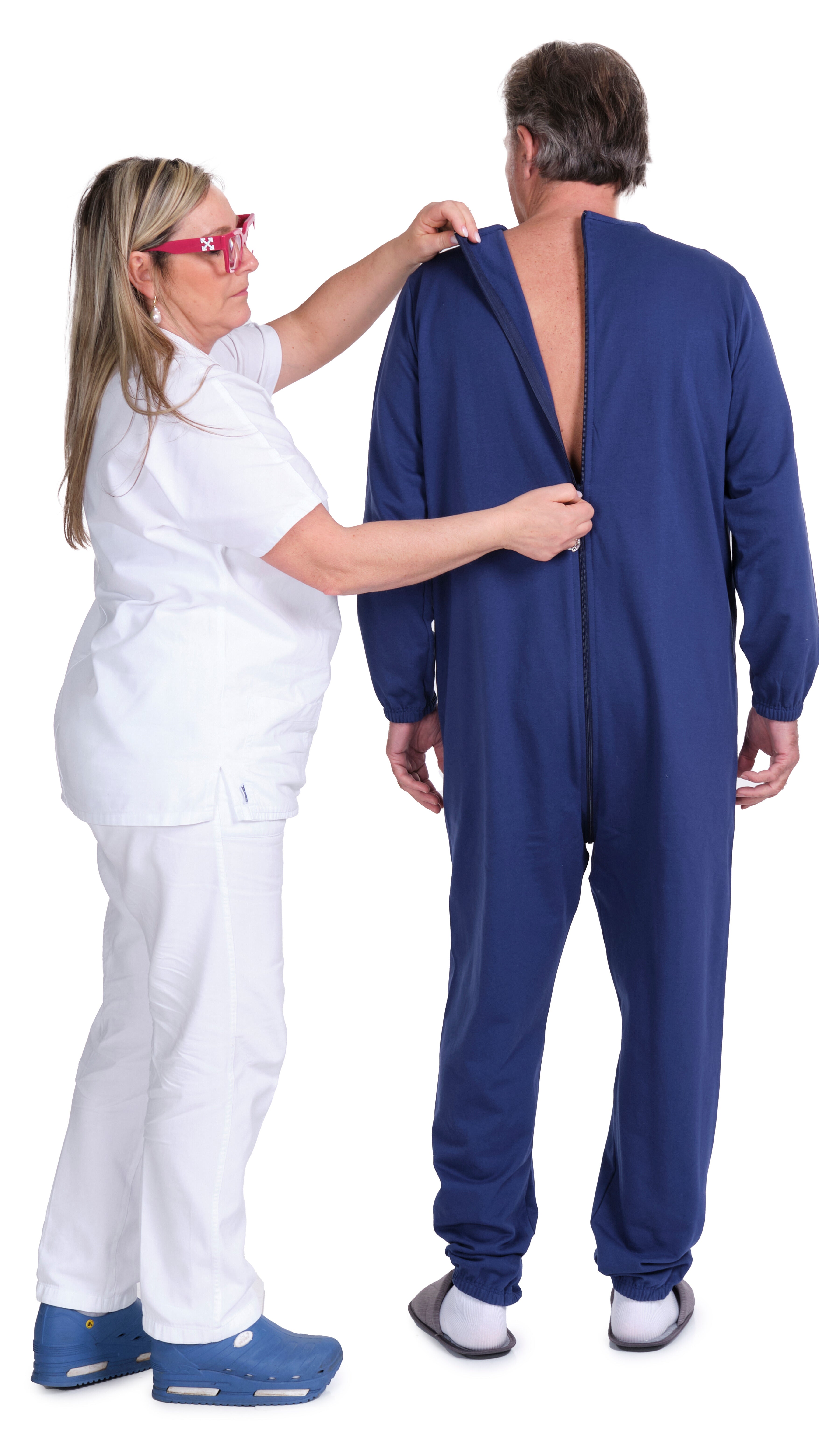 Winter Fleece Medical Jumpsuit with Back Zipper – Unisex Adaptive Pajamas for Elderly & Incontinence - 9078-F