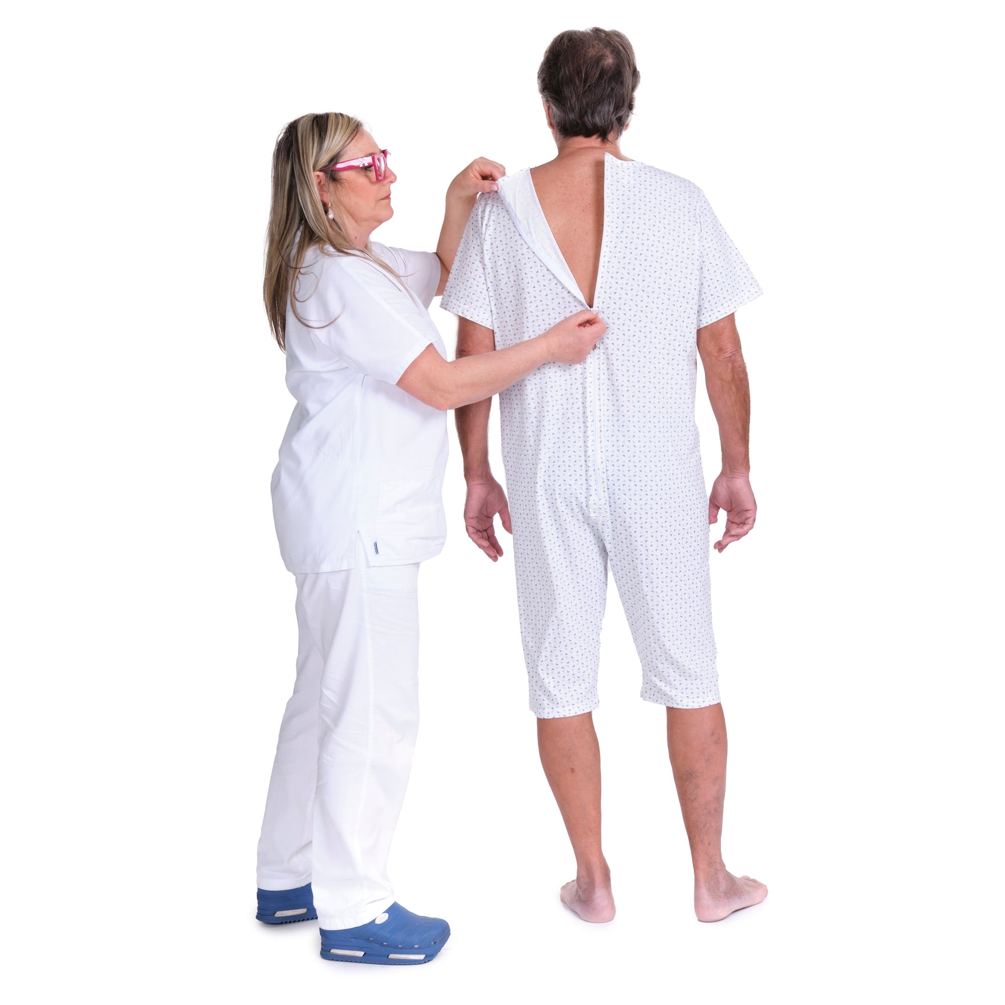Adaptive Summer Pyjamas – Model 9012/6 – Short Sleeve & Shorts – 100% Cotton – Back & Inner Leg Zippers – Alzheimer & Incontinence Care – Made in Italy