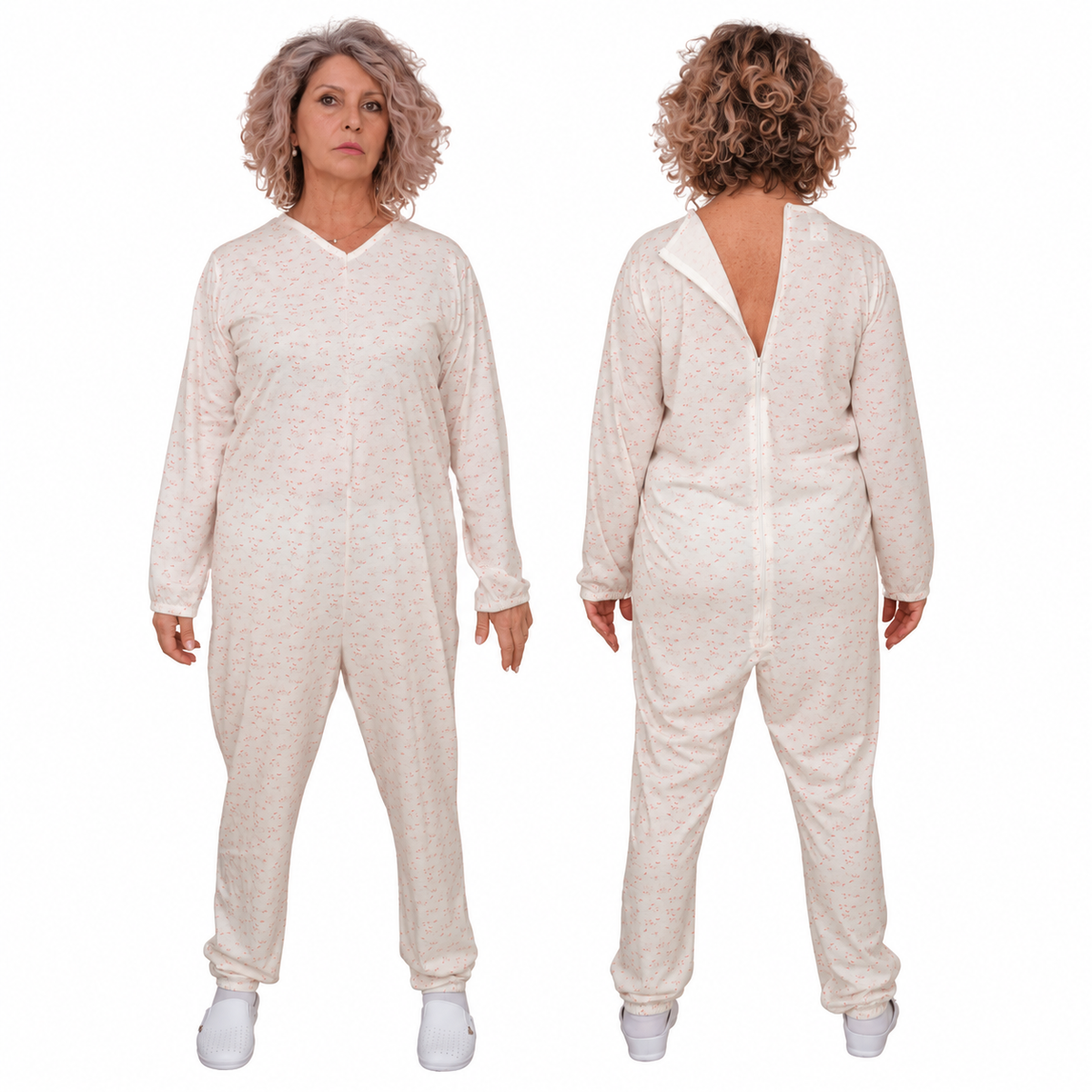 Woman wearing Ferrucci Comfort 9012/1 floral one-piece cotton pyjama, front view and open back zip view, long sleeves and long legs.