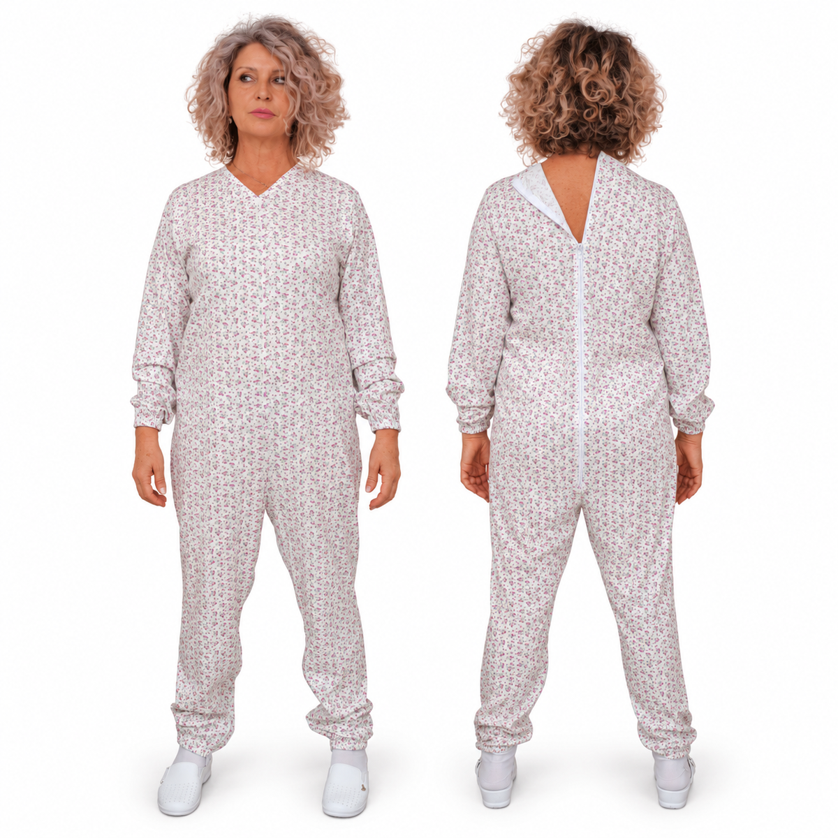 9012/2 women's floral cotton adaptive pyjamas, front and open rear zip views