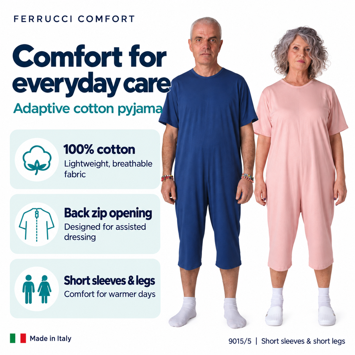 Ferrucci Comfort 9015/5 features: 100% cotton, back zip for assisted dressing, short sleeves and short legs.