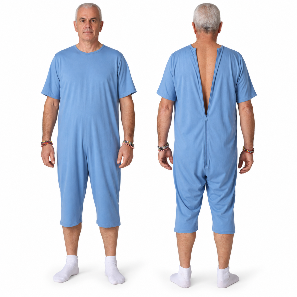 Ferrucci Comfort 9015/5 light blue cotton one-piece pyjama, front view and open back zip view.