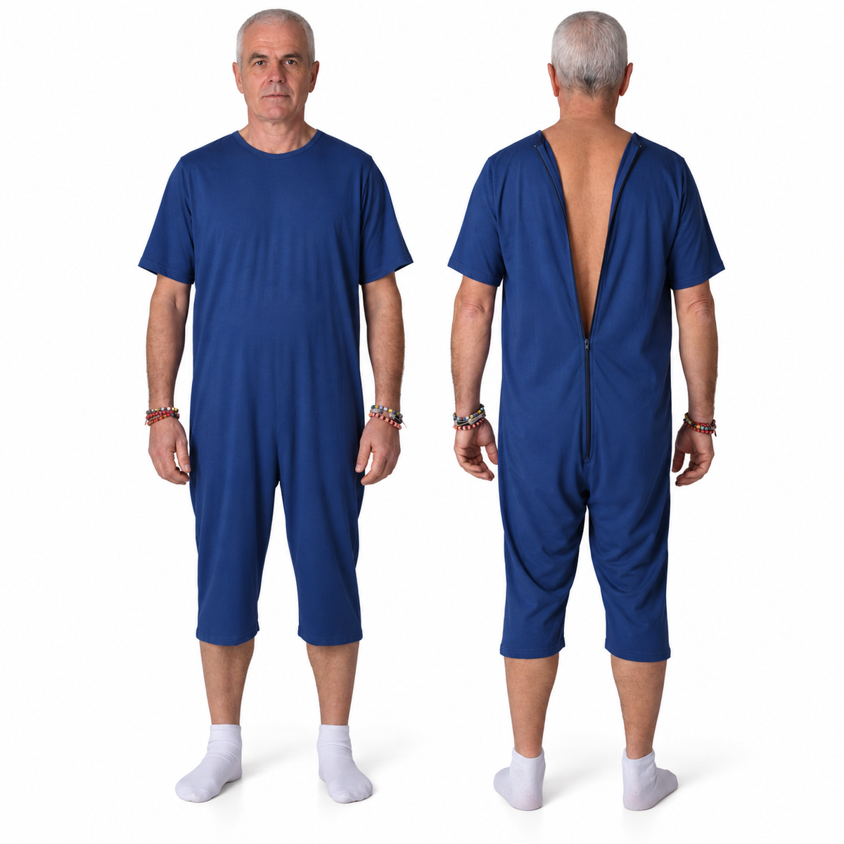 Ferrucci Comfort 9015/5 navy cotton one-piece pyjama, front view and open back zip view, short sleeves and short legs.