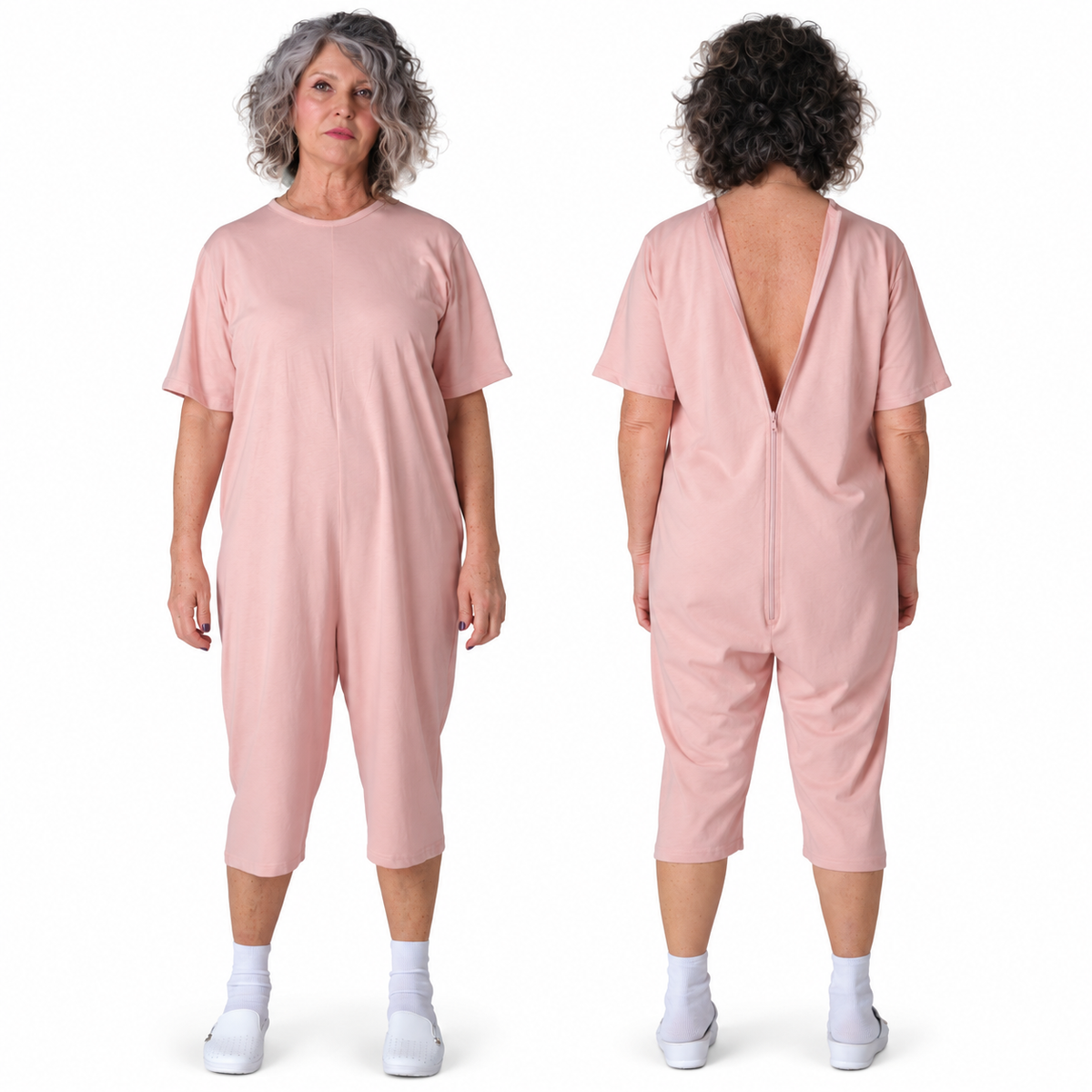 Woman wearing Ferrucci Comfort 9015/5 pink cotton one-piece pyjama, front view and open back zip view.