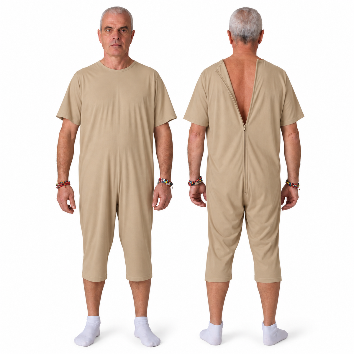 Ferrucci Comfort 9015/5 sand beige cotton one-piece pyjama, front view and open back zip view.