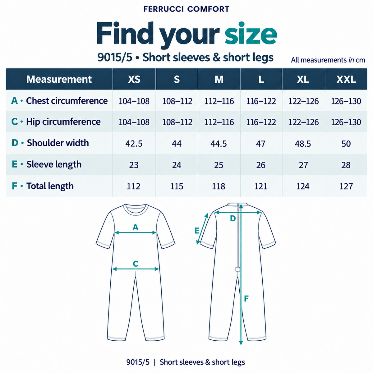 Ferrucci Comfort 9015/5 short model size guide XS to XXL in centimetres: chest, hips, shoulder width, sleeve length and total length.