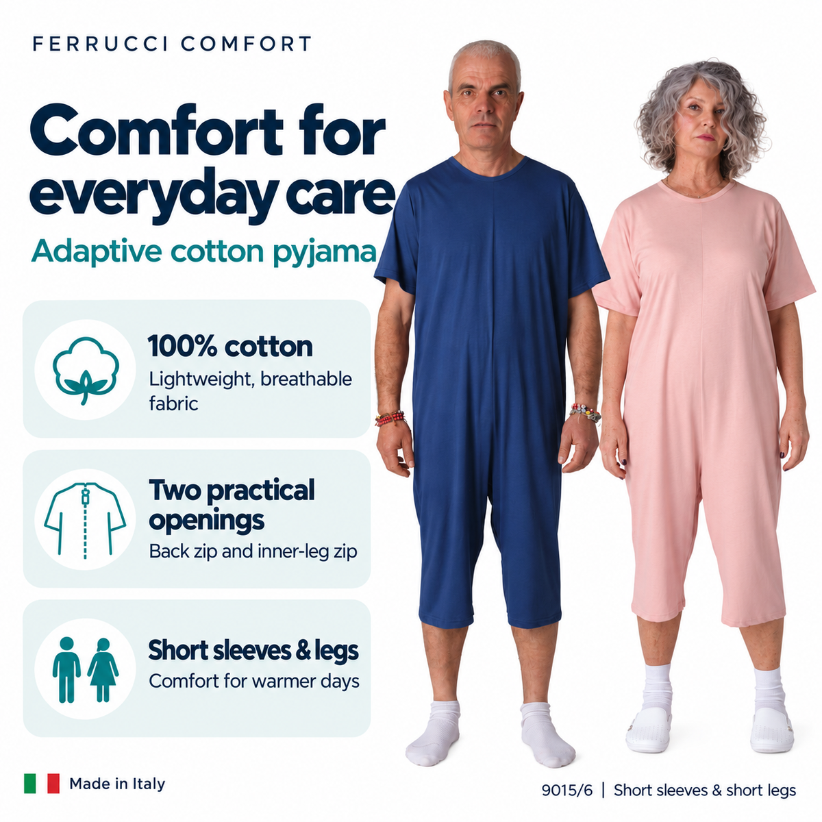Ferrucci Comfort 9015/6 features: 100% cotton, back and inner-leg zip openings, short sleeves and short legs.