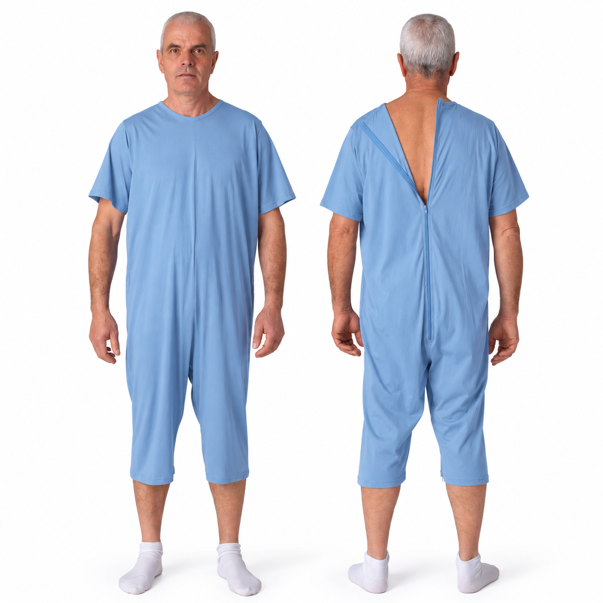 Ferrucci Comfort 9015/6 light blue cotton one-piece pyjama, front and open back zip views.