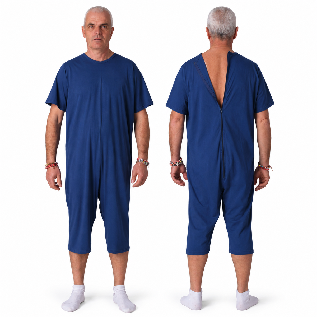 Ferrucci Comfort 9015/6 navy cotton one-piece pyjama, front and open back zip views, short sleeves and short legs.