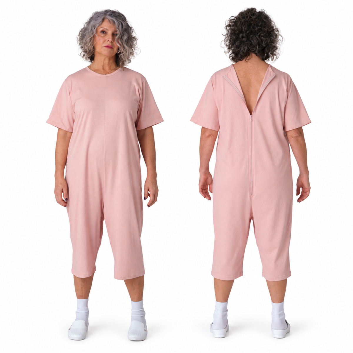 Woman wearing Ferrucci Comfort 9015/6 pink cotton one-piece pyjama, front and open back zip views.