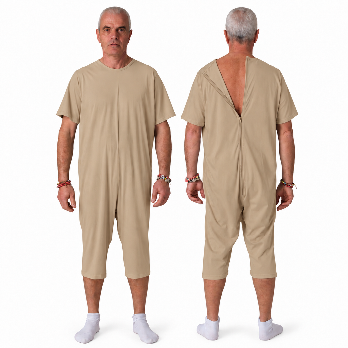 Ferrucci Comfort 9015/6 sand beige cotton one-piece pyjama, front and open back zip views.