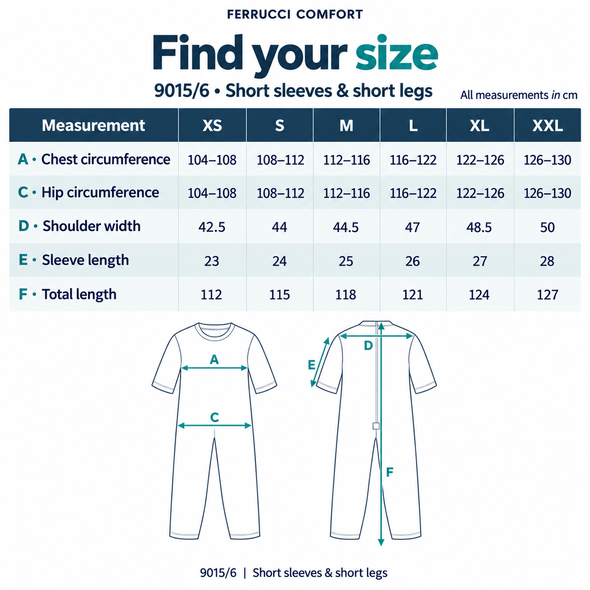 Ferrucci Comfort 9015/6 short model size guide XS to XXL in centimetres: chest, hips, shoulders, sleeve length and total length.