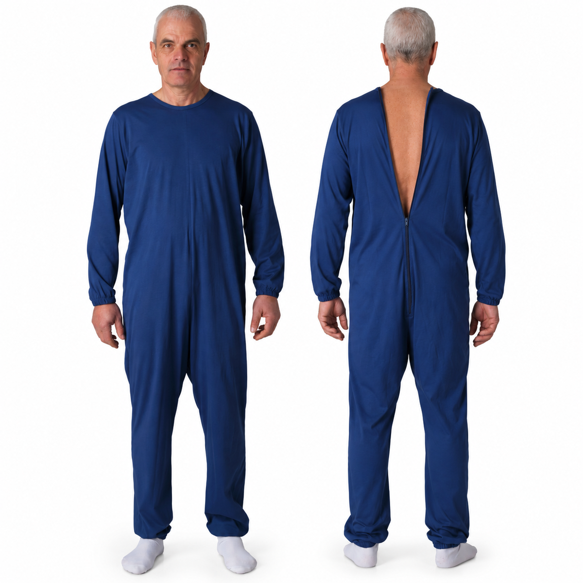Ferrucci Comfort 9015 navy one-piece cotton pyjama, front view and rear view with back zip open.