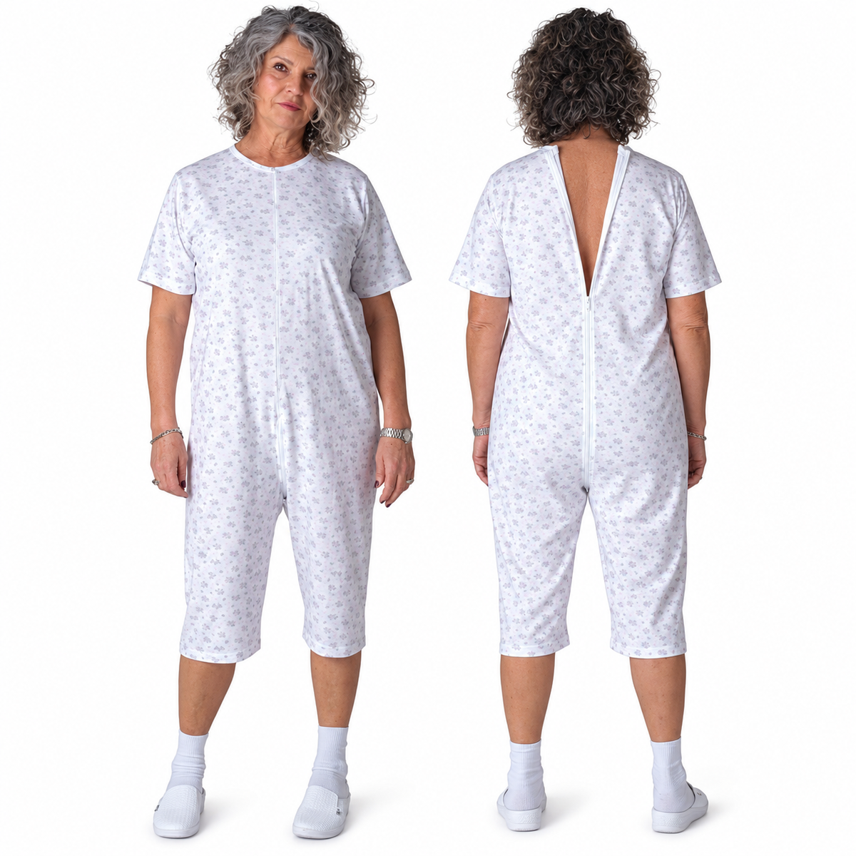 Woman wearing Ferrucci Comfort 9017 floral cotton one-piece pyjama, front view and open back zip view.