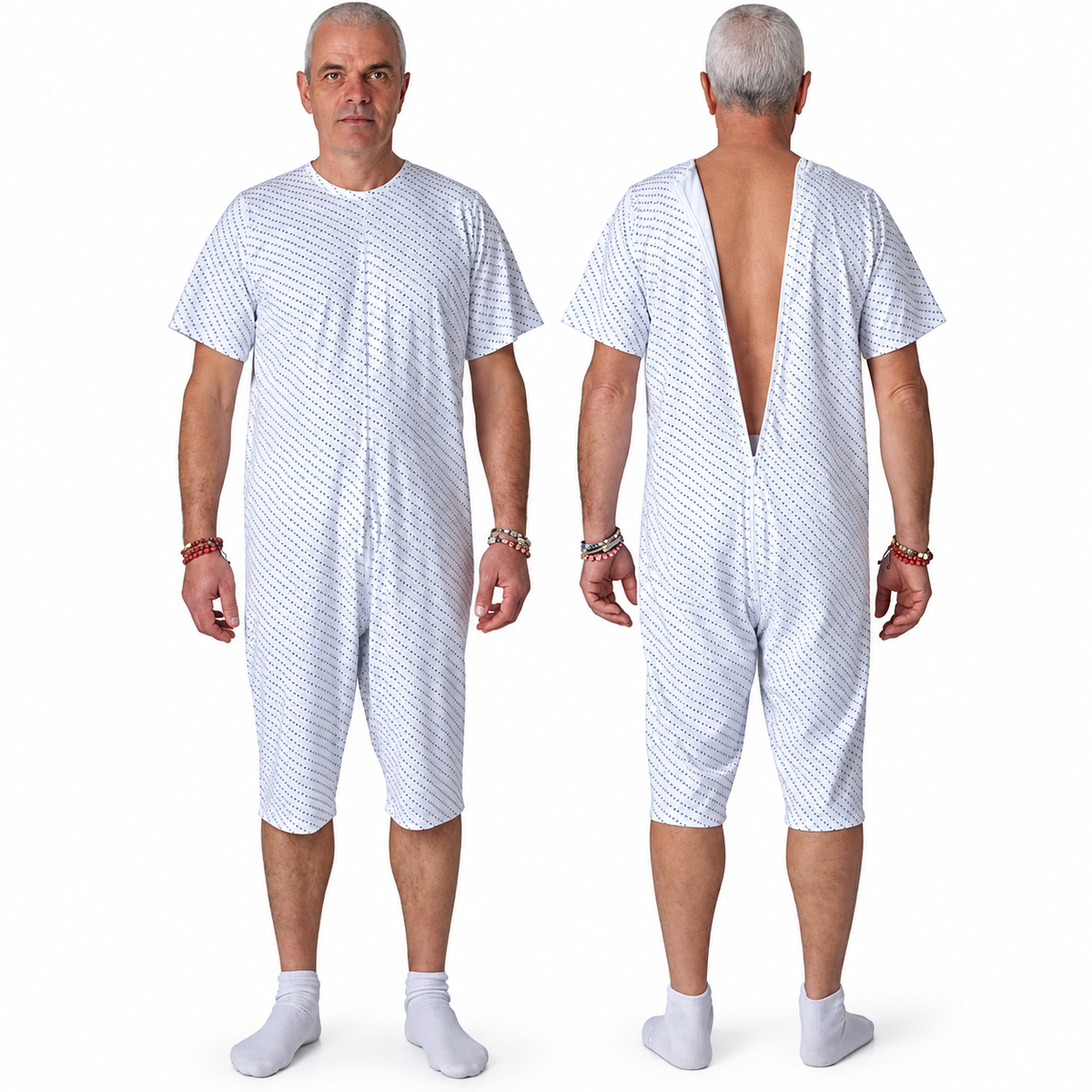 Man wearing Ferrucci Comfort 9017 geometric print cotton one-piece pyjama, front view and open back zip view.
