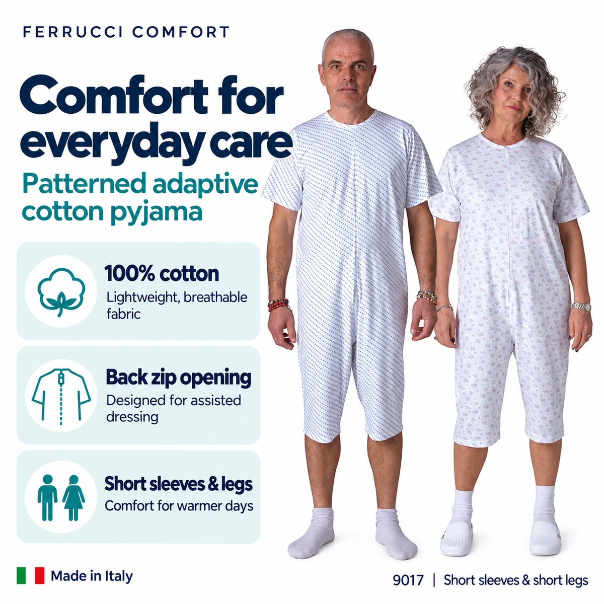 Ferrucci Comfort 9017 patterned pyjama features: 100% cotton, back zip opening, short sleeves and short legs.