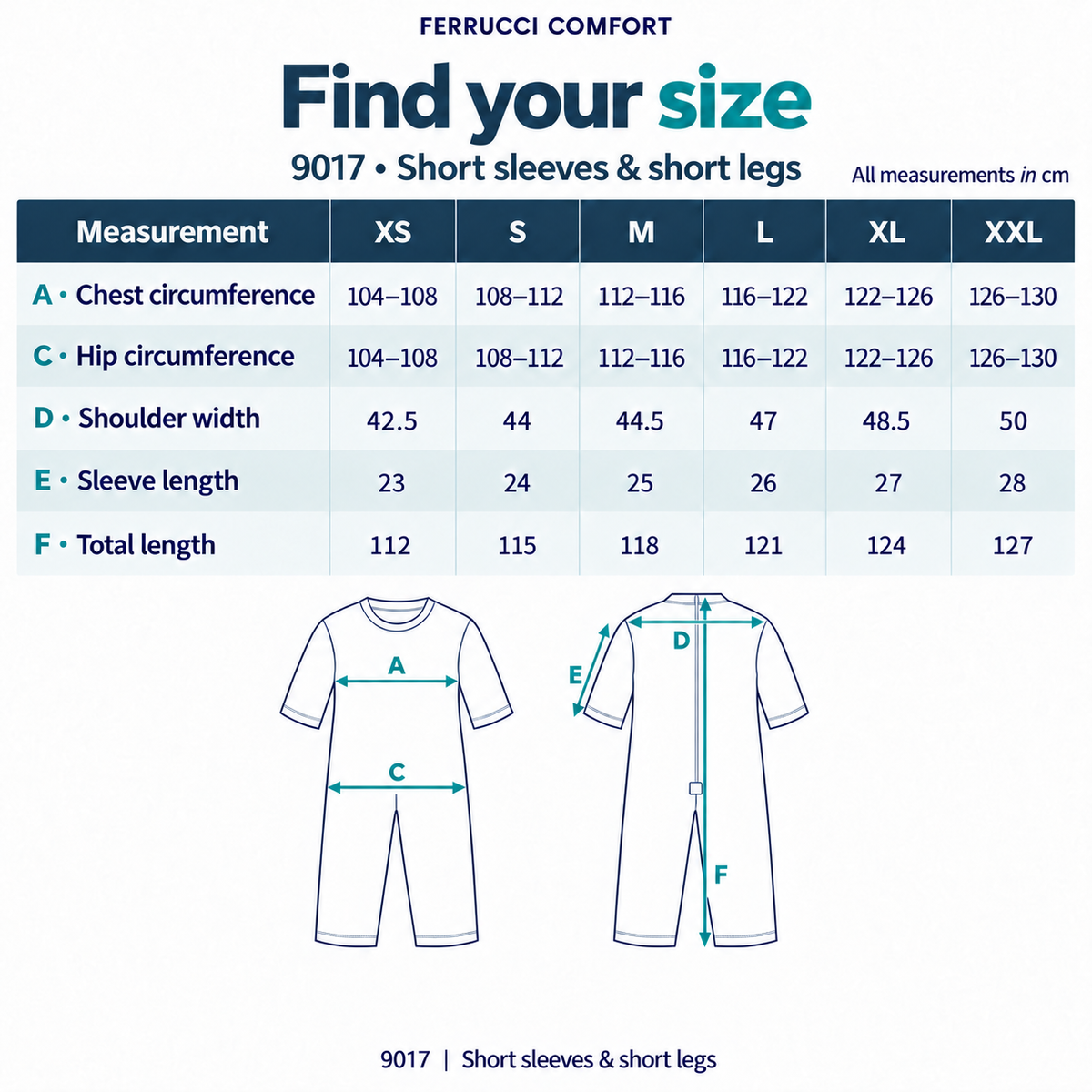 Ferrucci Comfort 9017 short model size guide XS to XXL in centimetres: chest, hips, shoulder width, short sleeve length and total length.