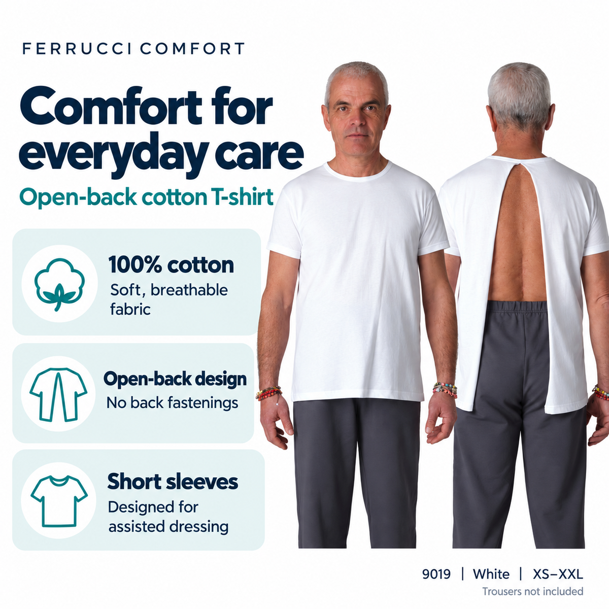 Ferrucci Comfort 9019 white T-shirt features: 100% cotton, open back without fastenings and short sleeves. Trousers not included.