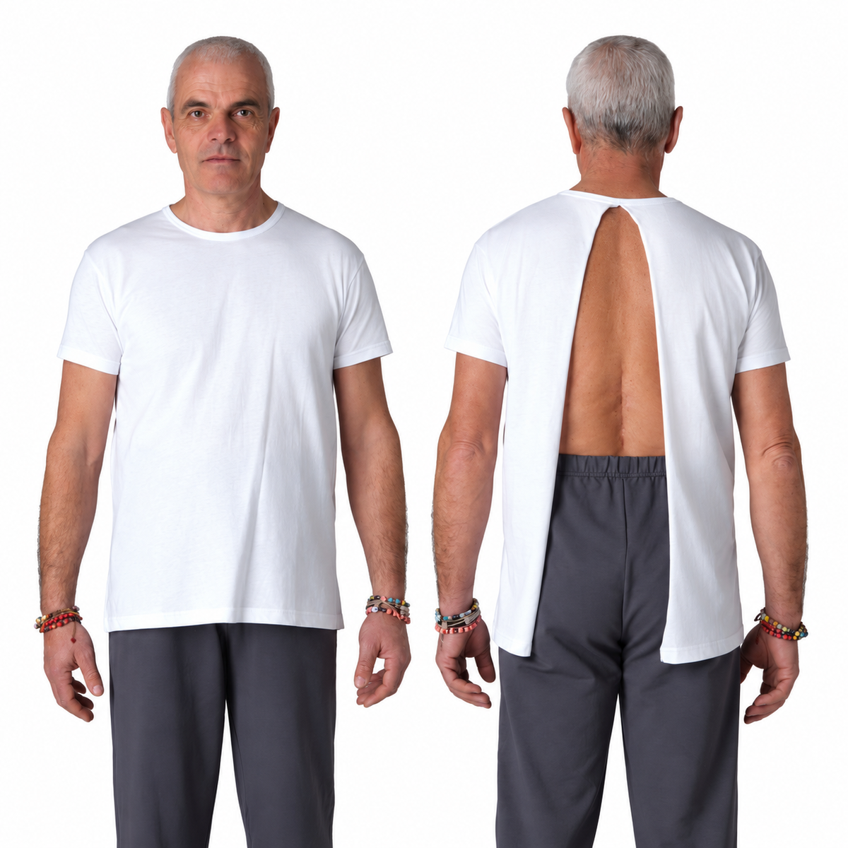 Ferrucci Comfort 9019 white short-sleeve cotton T-shirt, front view and open back view without fastenings.