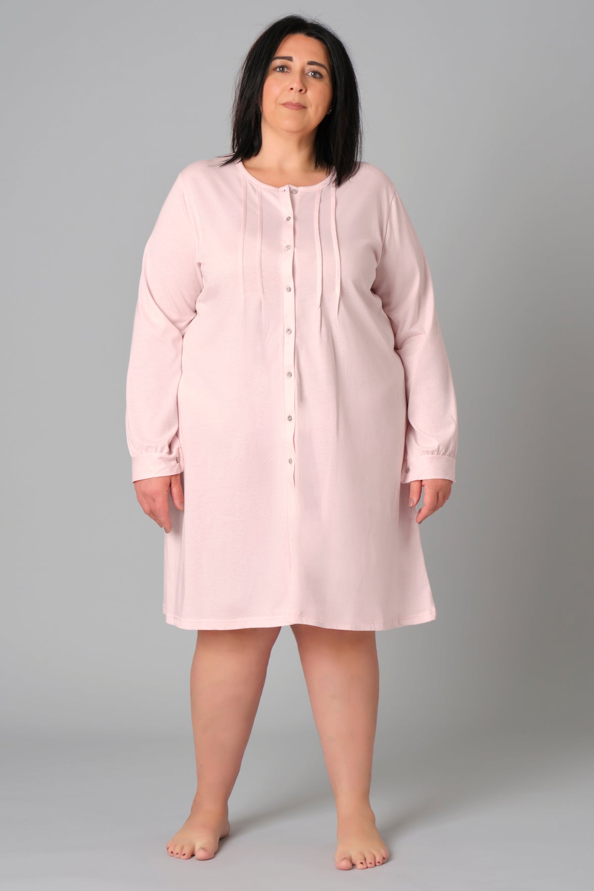 Light blue plus size women's nightdress by Ferrucci Comfort, oversized cotton jersey gown, displayed on model in various sizes and colors.