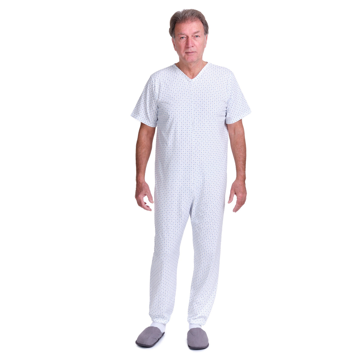 Ferrucci Comfort Summer Healthcare Pajamas in 100% cotton with short sleeves and back zipper, featuring feminine design.