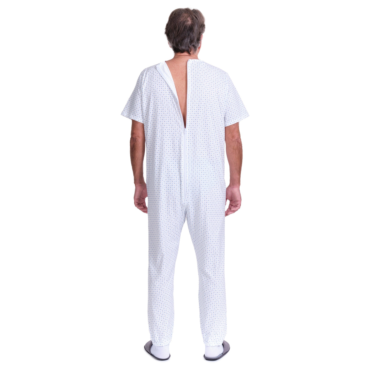 Ferrucci Comfort summer healthcare pajamas in 100% cotton with short sleeves and back zipper, featuring feminine design.