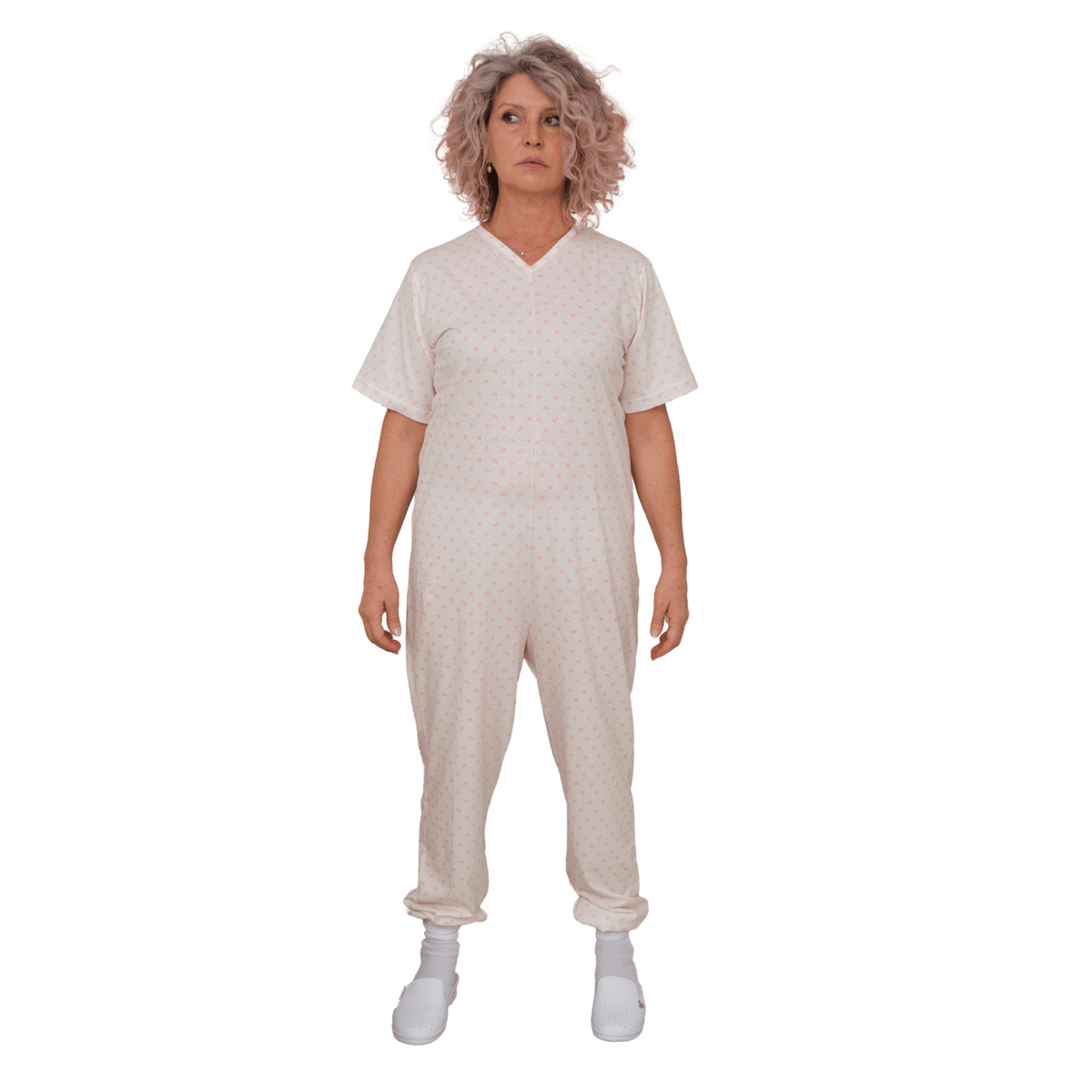 Ferrucci Comfort Summer Healthcare Pajamas in 3XS, short sleeve, 100% cotton with back zipper, feminine floral design.