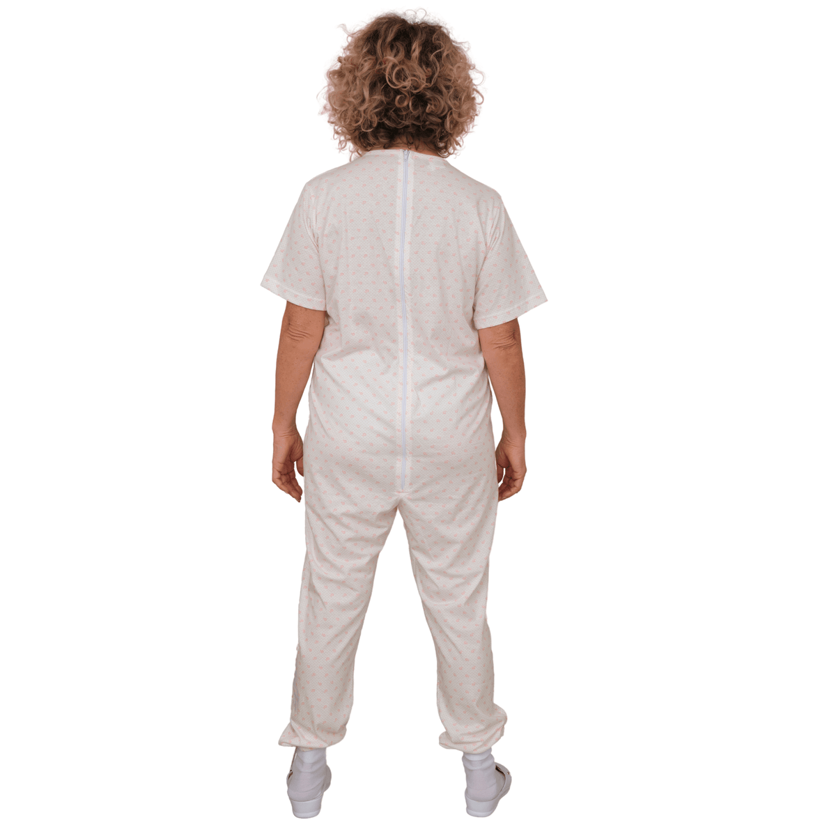 Ferrucci Comfort summer healthcare pajamas with short sleeves, back zipper, made of 100% cotton, featuring feminine floral design.