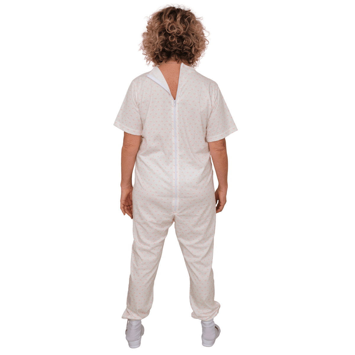 Ferrucci Comfort summer healthcare pajamas, short sleeve, back zipper, 100% cotton, feminine design in size 3XS.