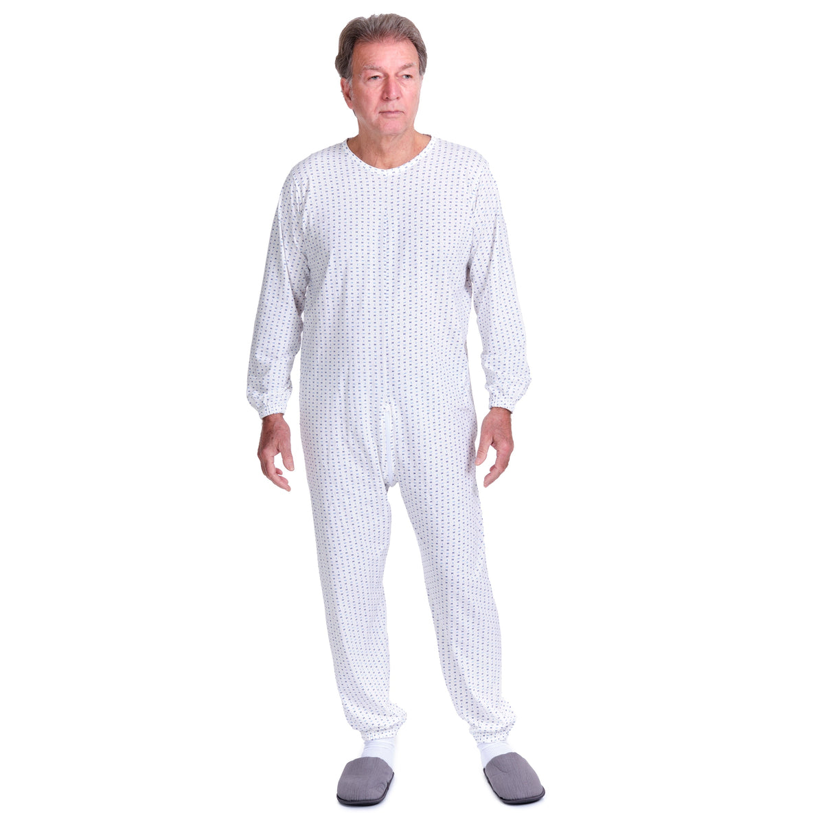 Ferrucci Comfort adaptive long sleeve cotton jumpsuit with back zipper, designed for elderly incontinence and Alzheimer care. Made in Italy.