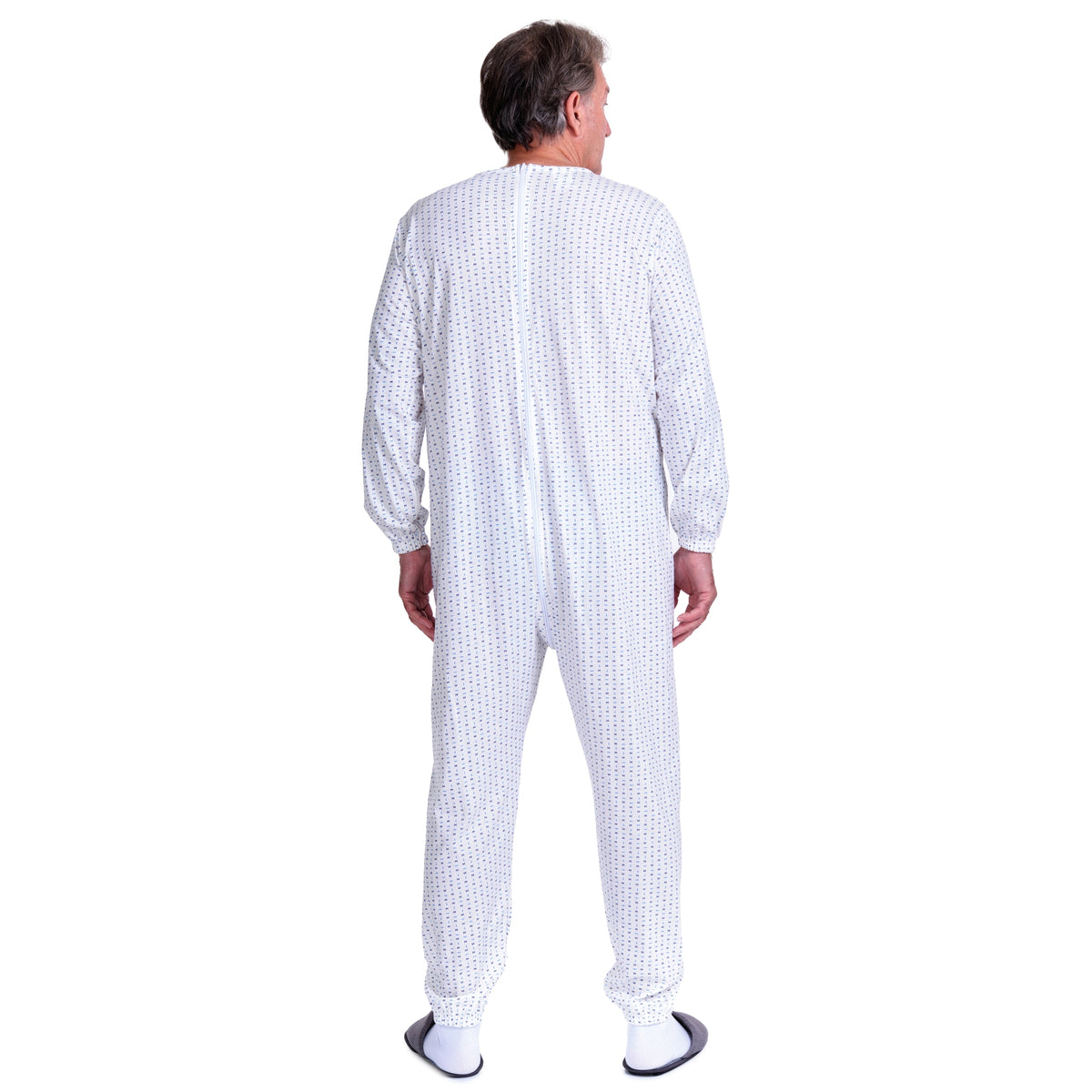 Ferrucci Comfort adaptive long sleeve cotton jumpsuit with back zipper, designed for elderly incontinence and Alzheimer care, made in Italy.