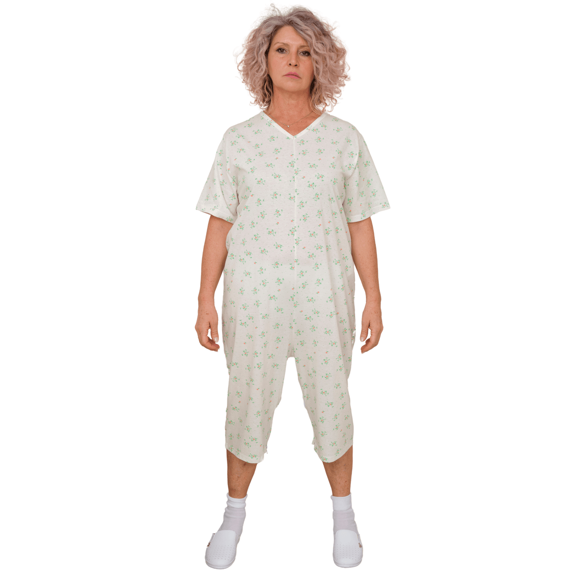 Ferrucci Comfort adaptive summer pyjamas for women, short sleeve and shorts, 100% cotton, back and inner leg zippers, made in Italy.