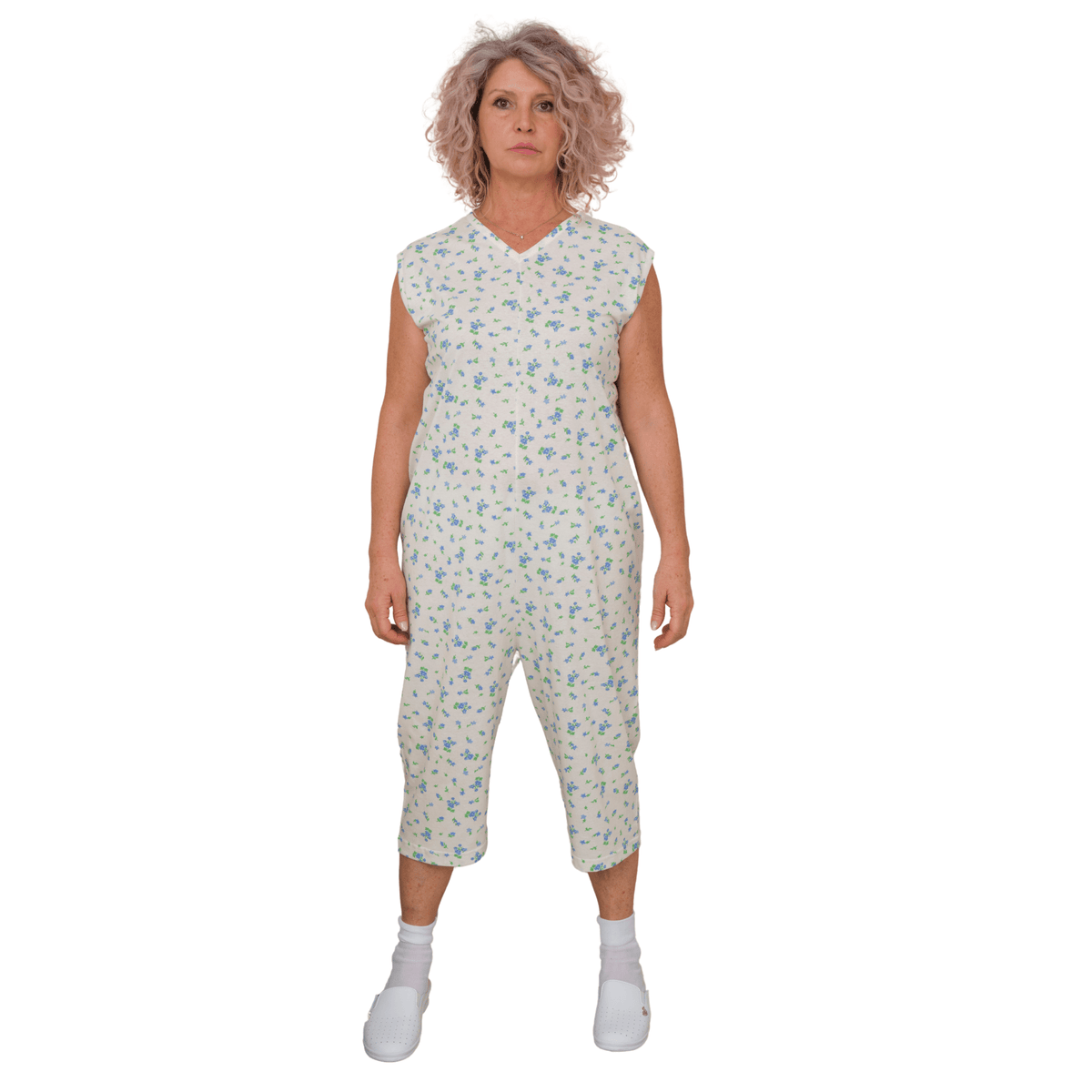 Ferrucci Comfort adaptive summer pyjamas for women, sleeveless shorts, 100% cotton, back zipper, ideal for Alzheimer and incontinence care.