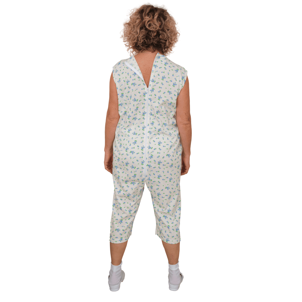 Ferrucci Comfort adaptive summer pyjamas for women, sleeveless, shorts, 100% cotton, back zipper, designed for Alzheimer's and incontinence care.