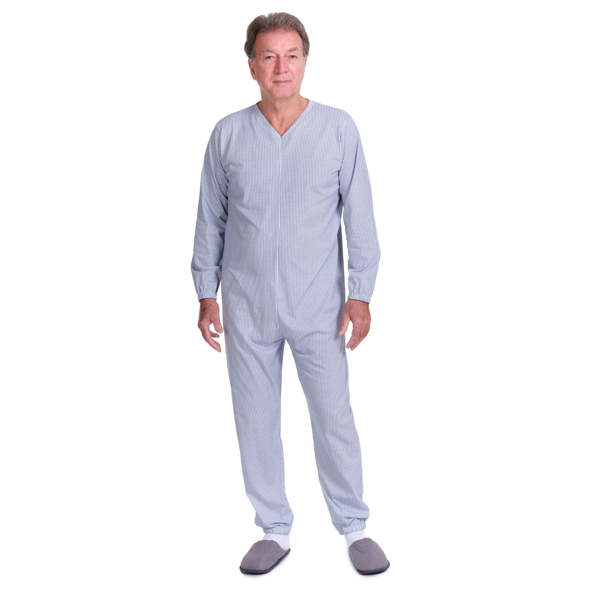 Ferrucci Comfort anti-strip adaptive cotton onesie pajamas, front view showing soft fabric and comfortable fit for easy dressing.