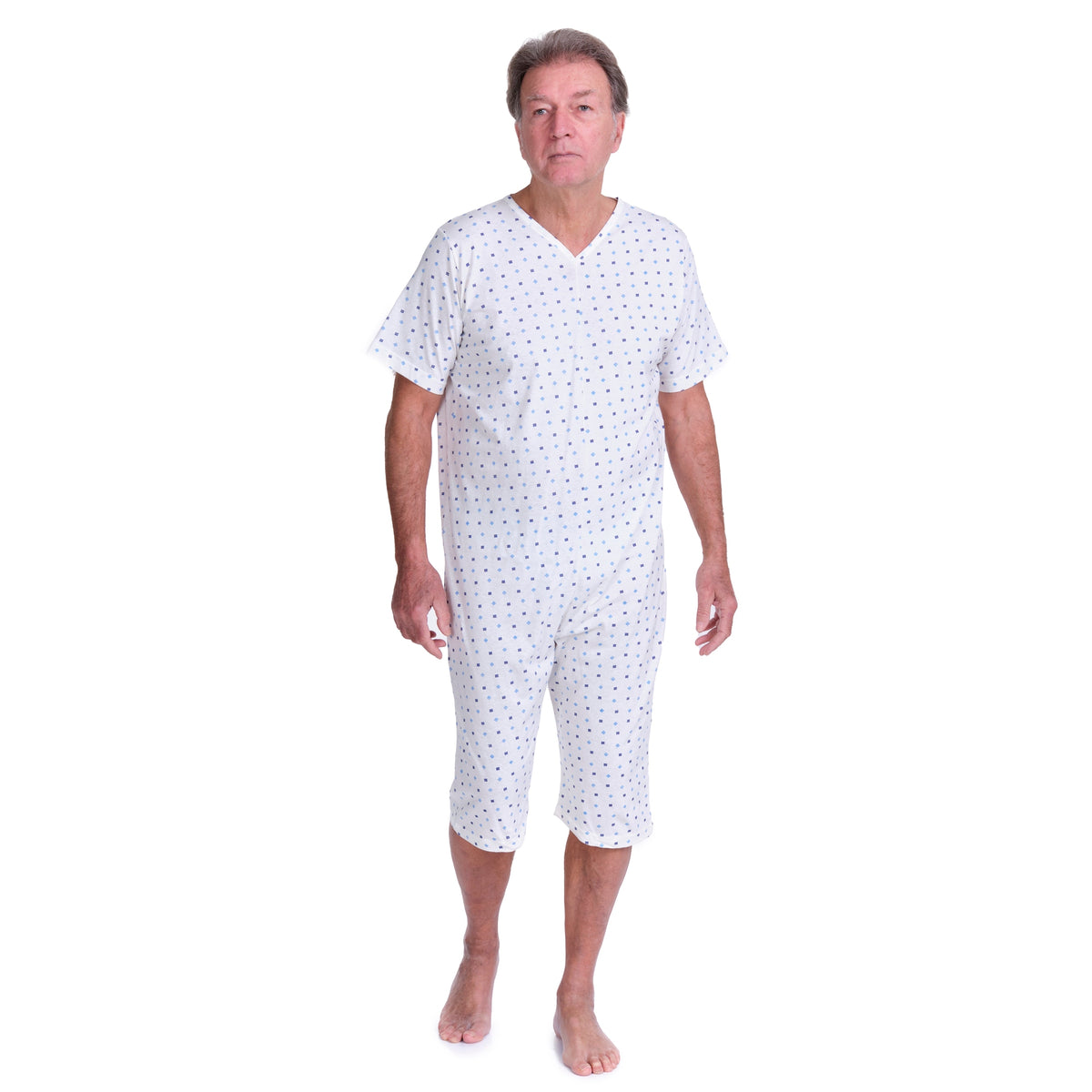 Ferrucci Comfort senior women's summer cotton pajamas with back closure, short sleeves, and shorts, designed for adaptive comfort.